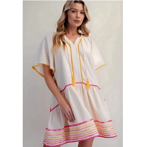 NEW! Easel Cotton Embroidered Pom Pom Trim Flutter Sleeves Pocket Dress! - Picture 2 of 5
